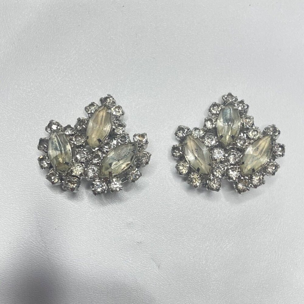 Clear Rhinestone Clip On Earrings Large Leaf